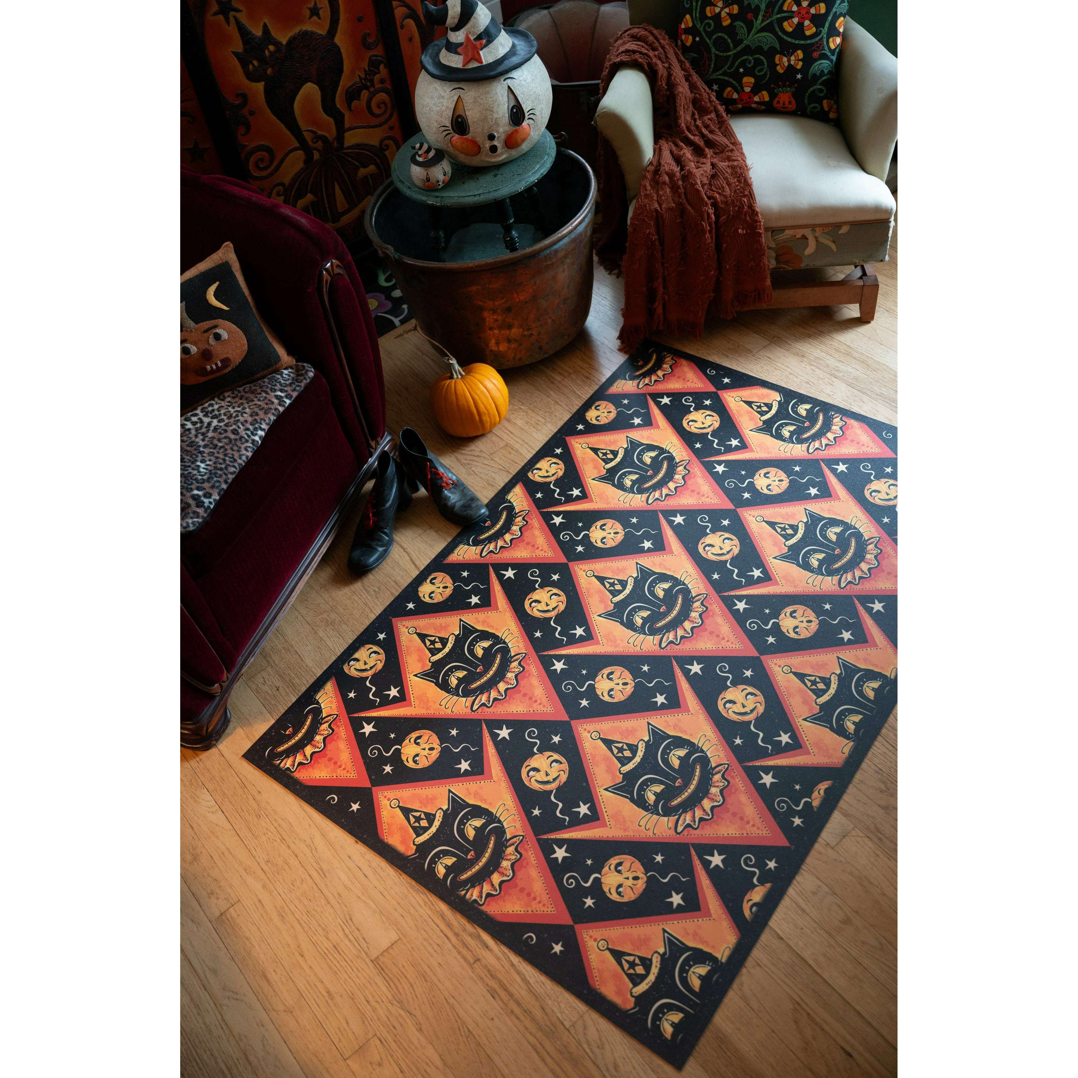 Grinning Black Cat Jack 56” Harlequin Vinyl Floor Decor