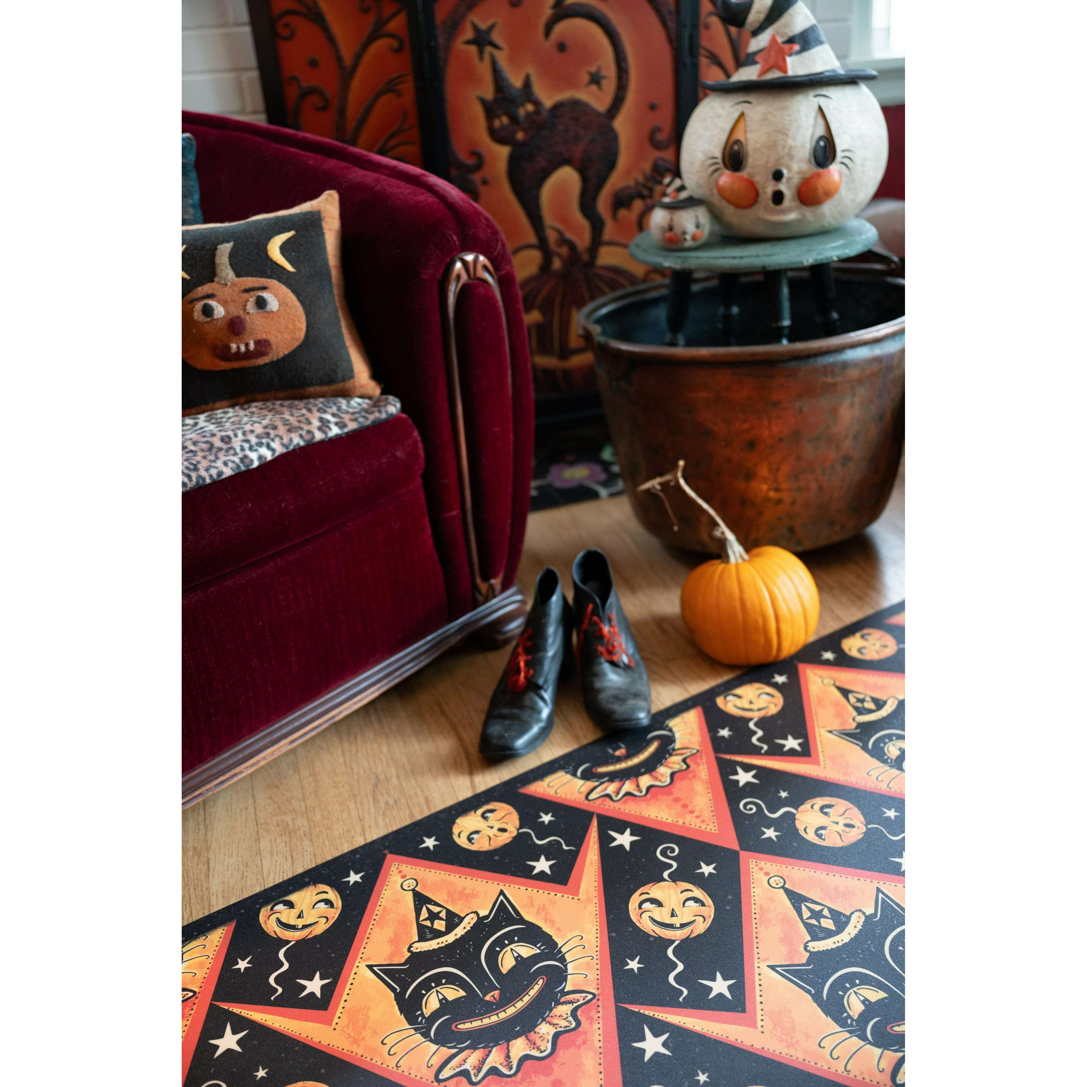 Grinning Black Cat Jack Harlequin Vinyl Floor Decor 52" x 76"