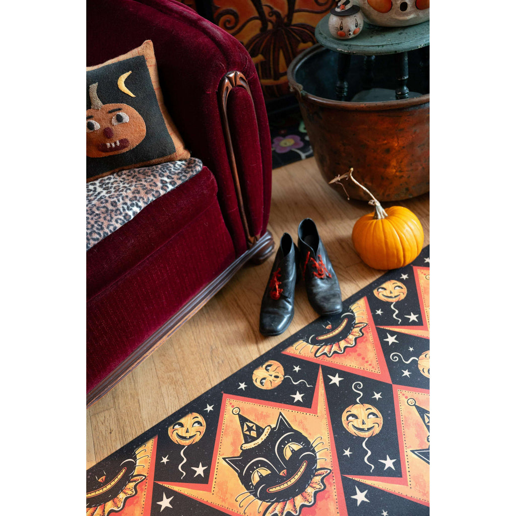 Grinning Black Cat Jack Harlequin Vinyl Floor Decor 52" x 76"