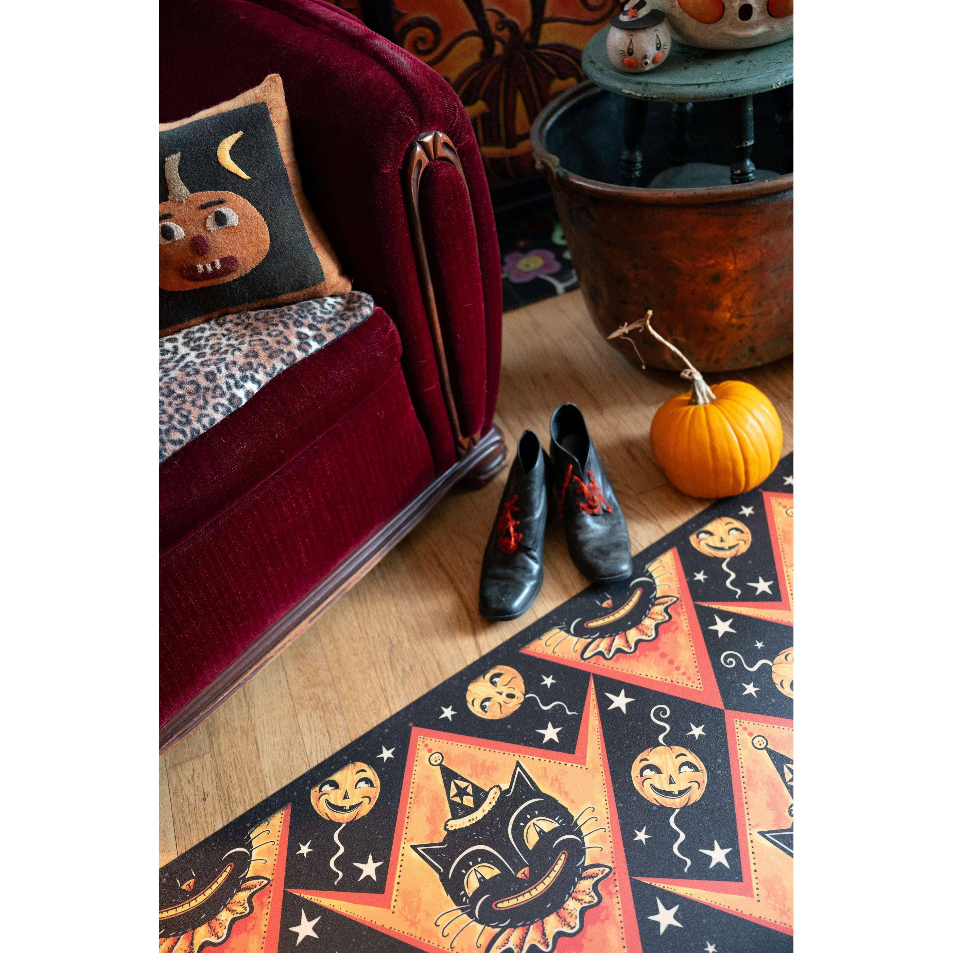 Grinning Black Cat Jack Harlequin Vinyl Floor Decor 52" x 76"