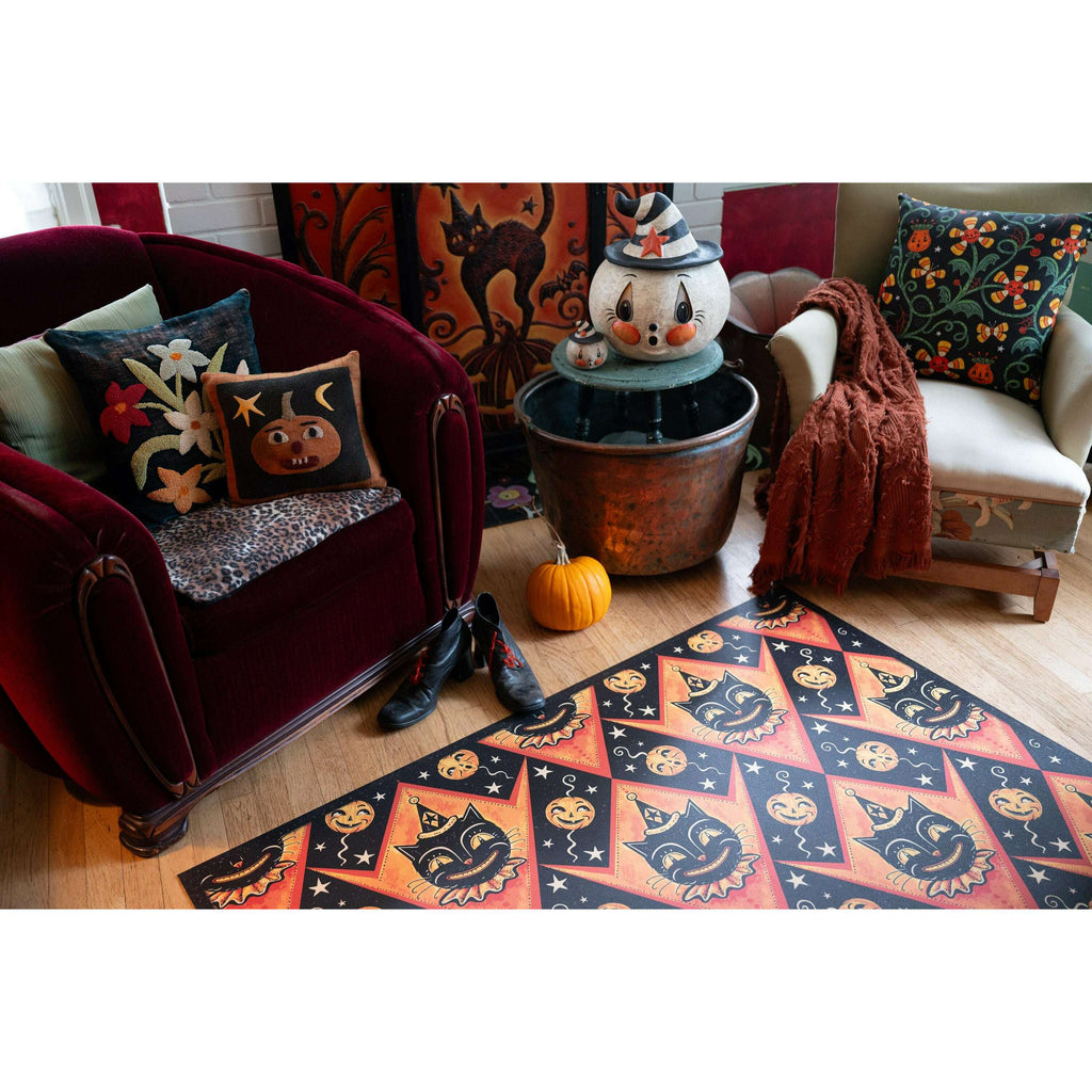 Grinning Black Cat Jack Harlequin Vinyl Floor Decor 52" x 76"