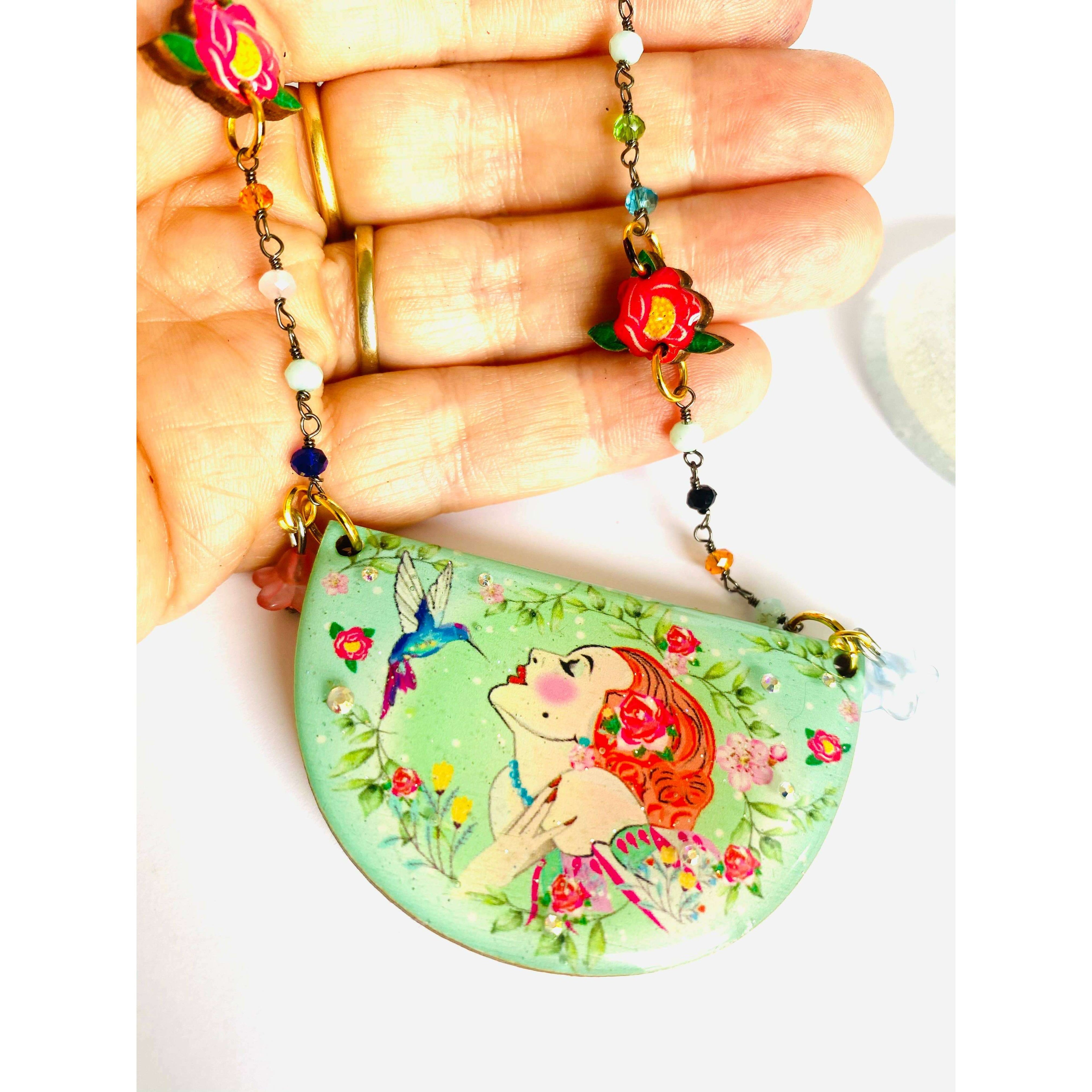 Lady and Hummingbird Statement Necklace by Rosie Rose Parker
