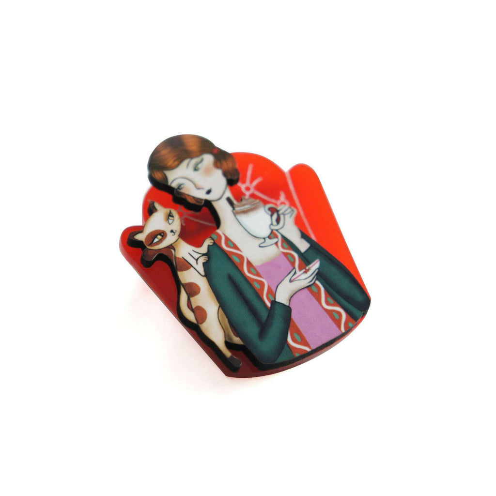 Girl and Cat with Eggnog Brooch by Laliblue