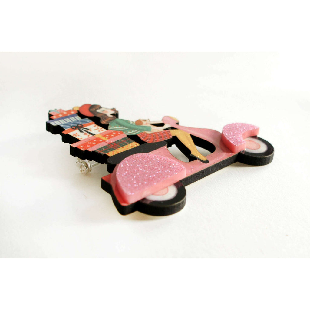 Girl on Scooter with Gifts Brooch by Laliblue