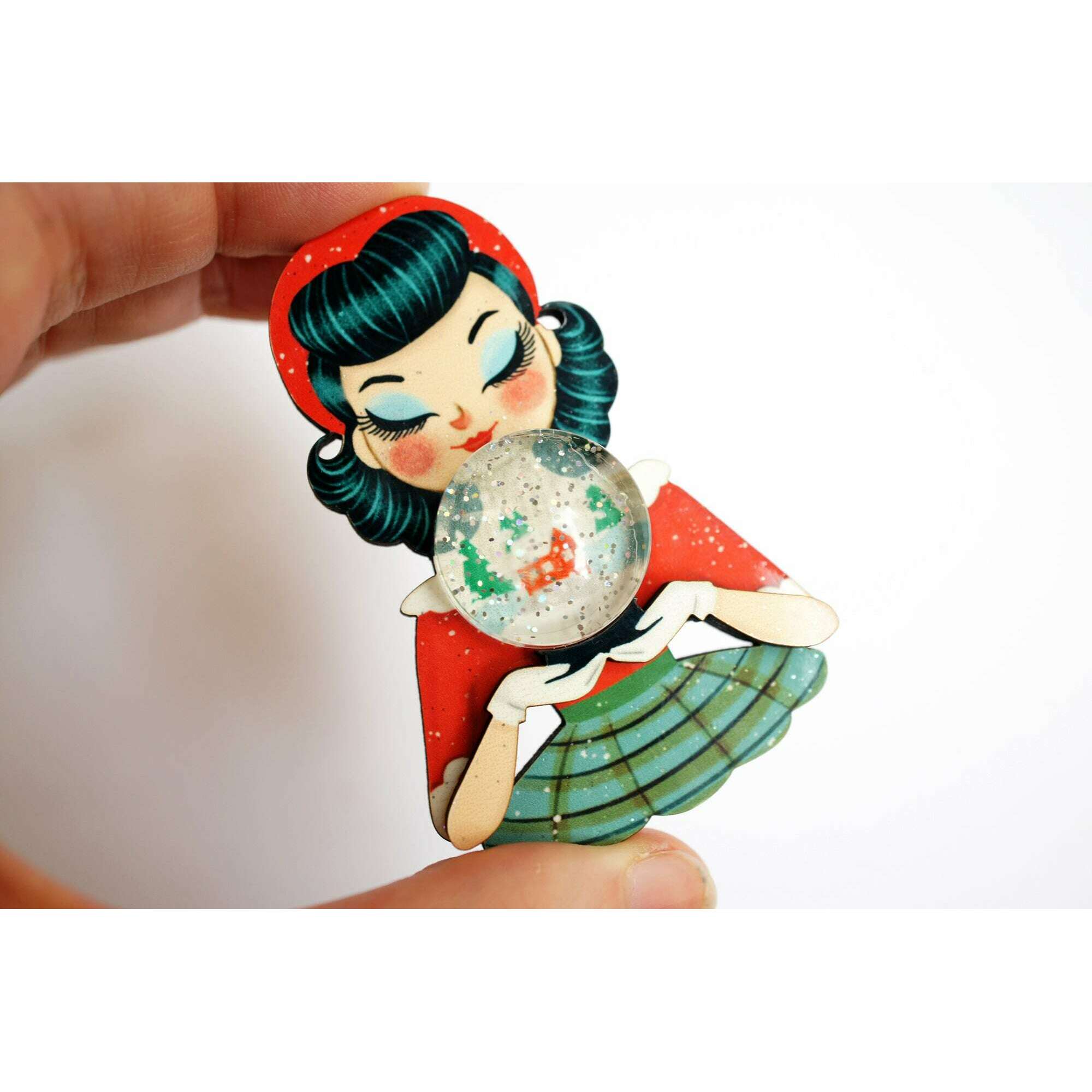 Girl with Snowman Snow Globe Brooch by Laliblue