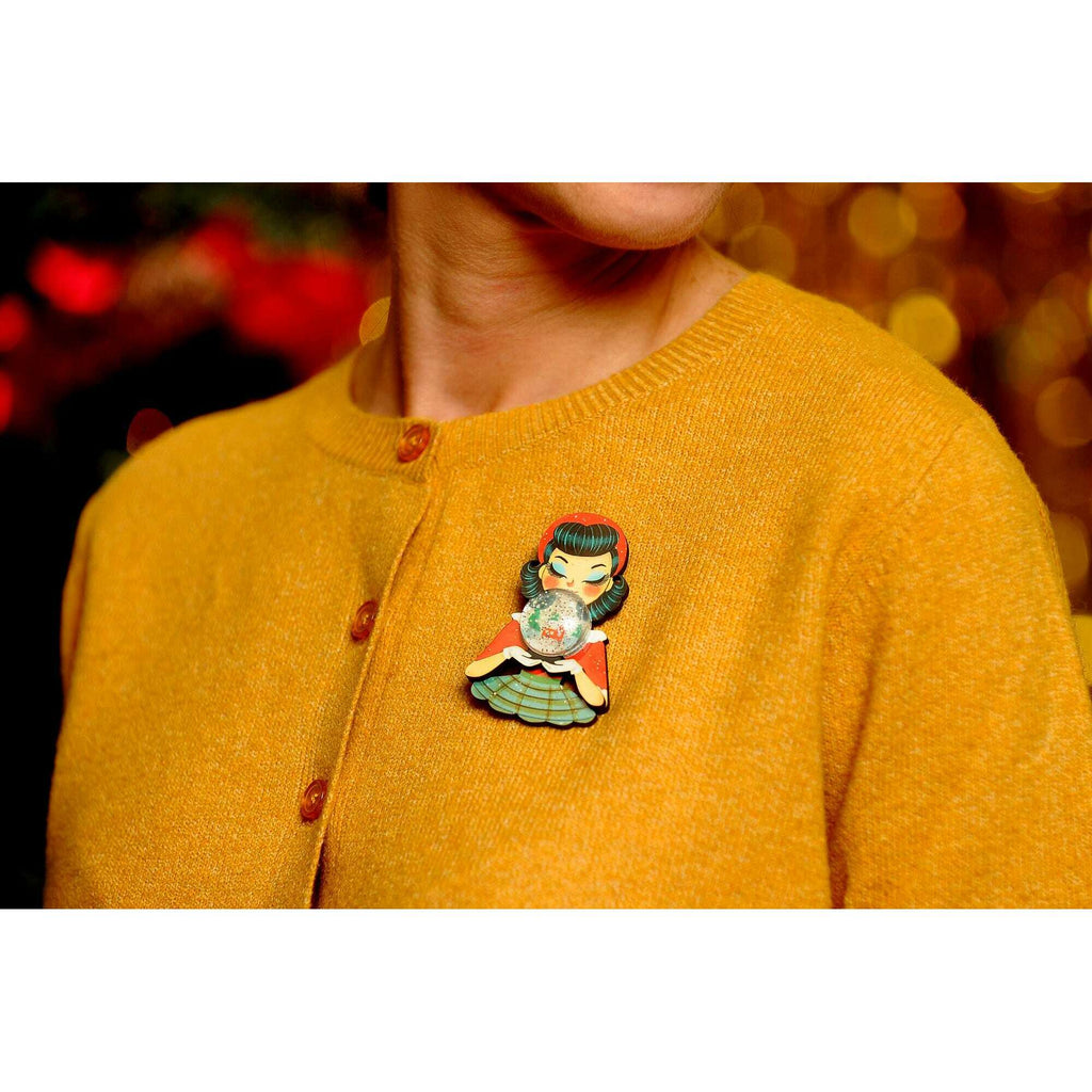 Girl with Snowman Snow Globe Brooch by Laliblue