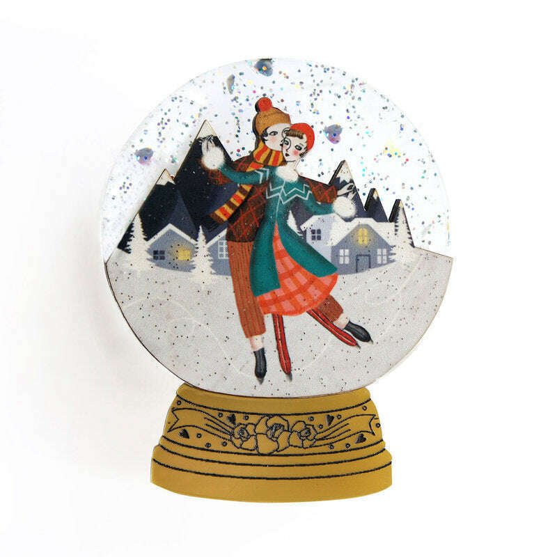 Ice Skating Snow Globe Brooch by Laliblue
