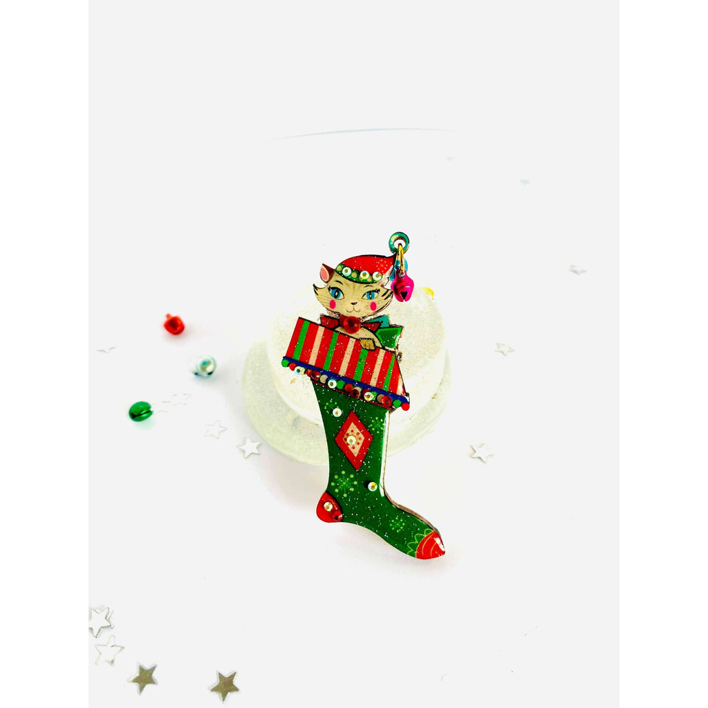Mr Cat in a Stocking Brooch by Rosie Rose Parker