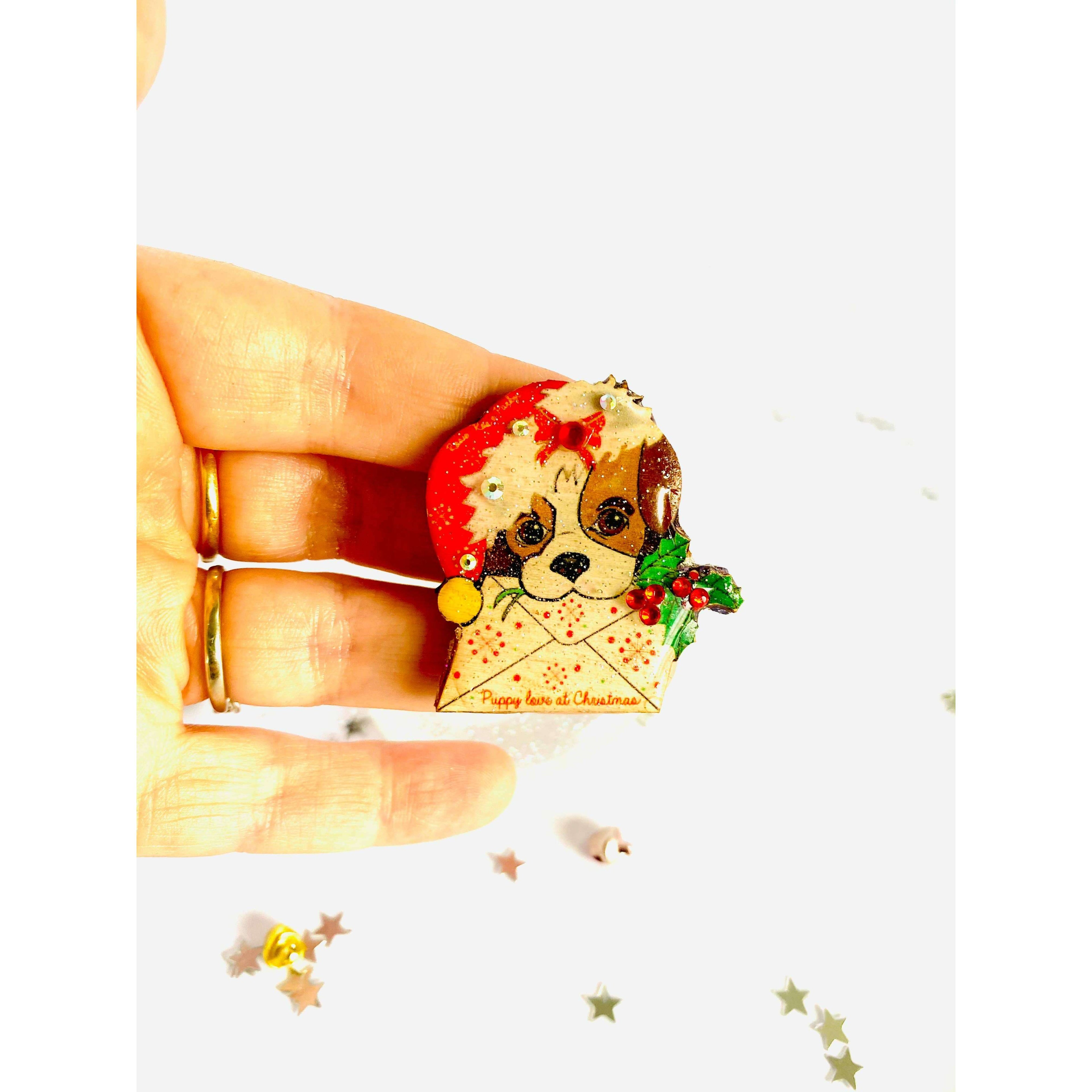 Puppy love at Xmas Brooch by Rosie Rose Parker