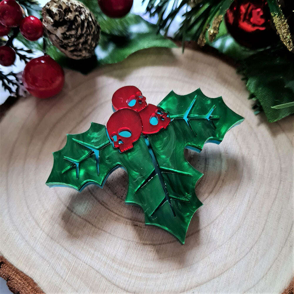 Skull Holly Brooch by Cherryloco