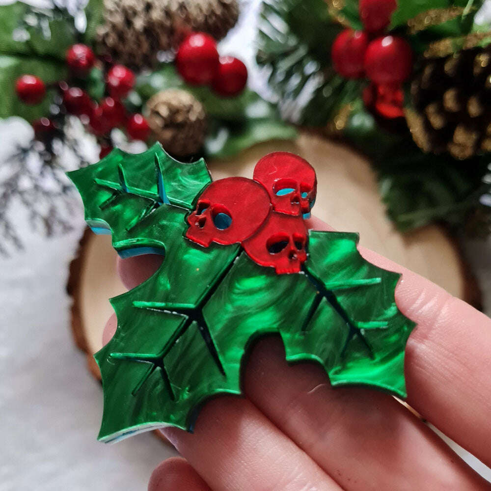 Skull Holly Brooch by Cherryloco