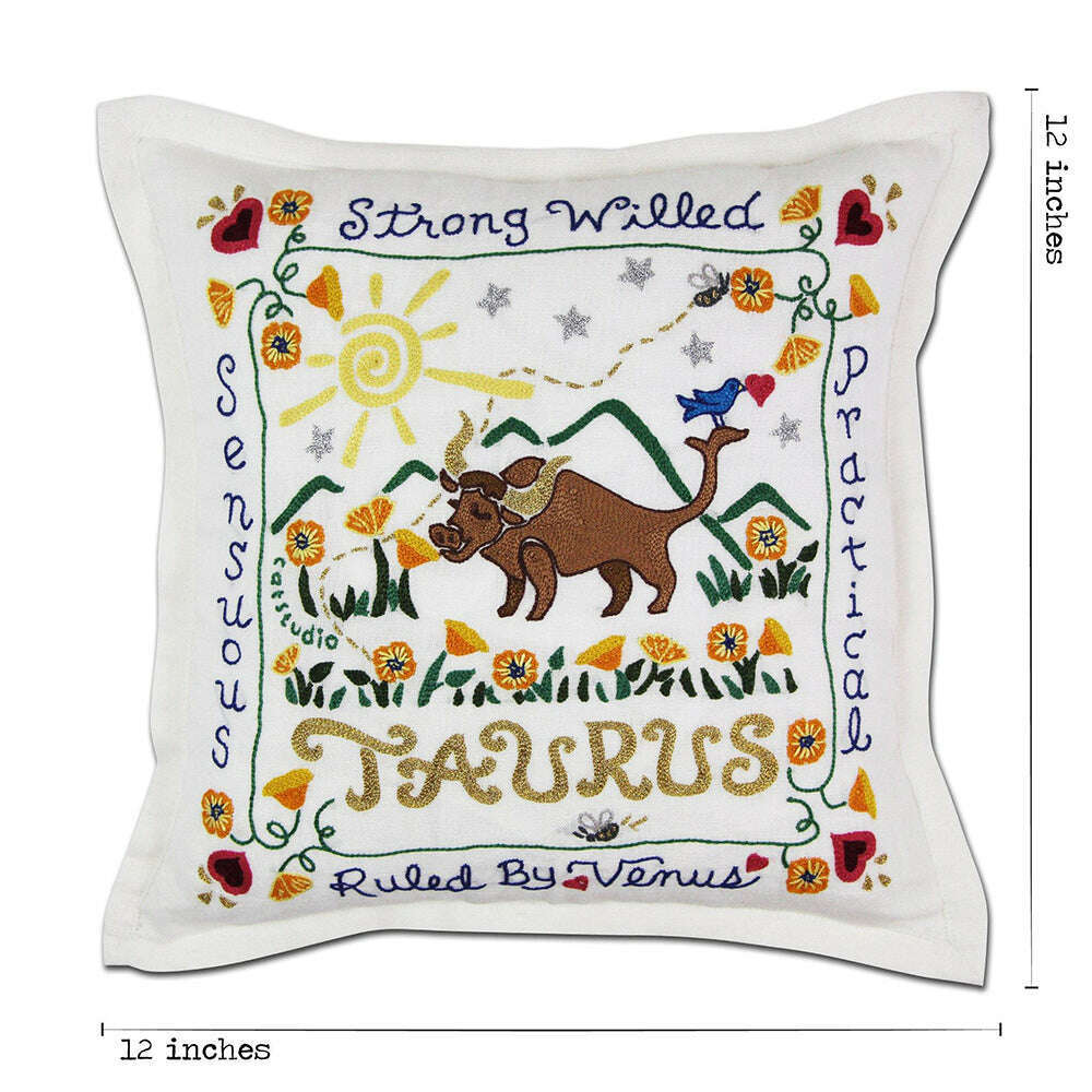 Taurus Astrology Hand-Embroidered Pillow by Cat Studio